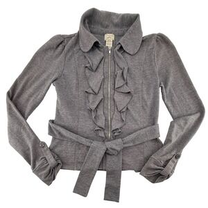 Eyelash Couture Womens M Gray Ruffle Zip Jacket Tie Waist Cardigan
